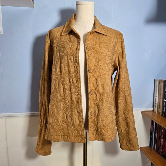 Coldwater Creek Large Petit Golden Tan Textured Paisley Button Up Fall Jacket - Picture 1 of 12